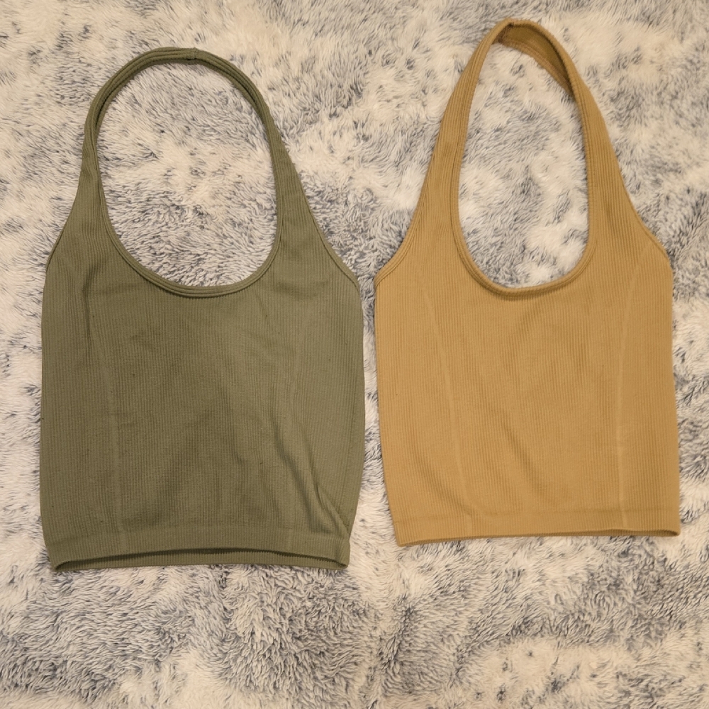 American Eagle Olive and Tan ribbed halter tops